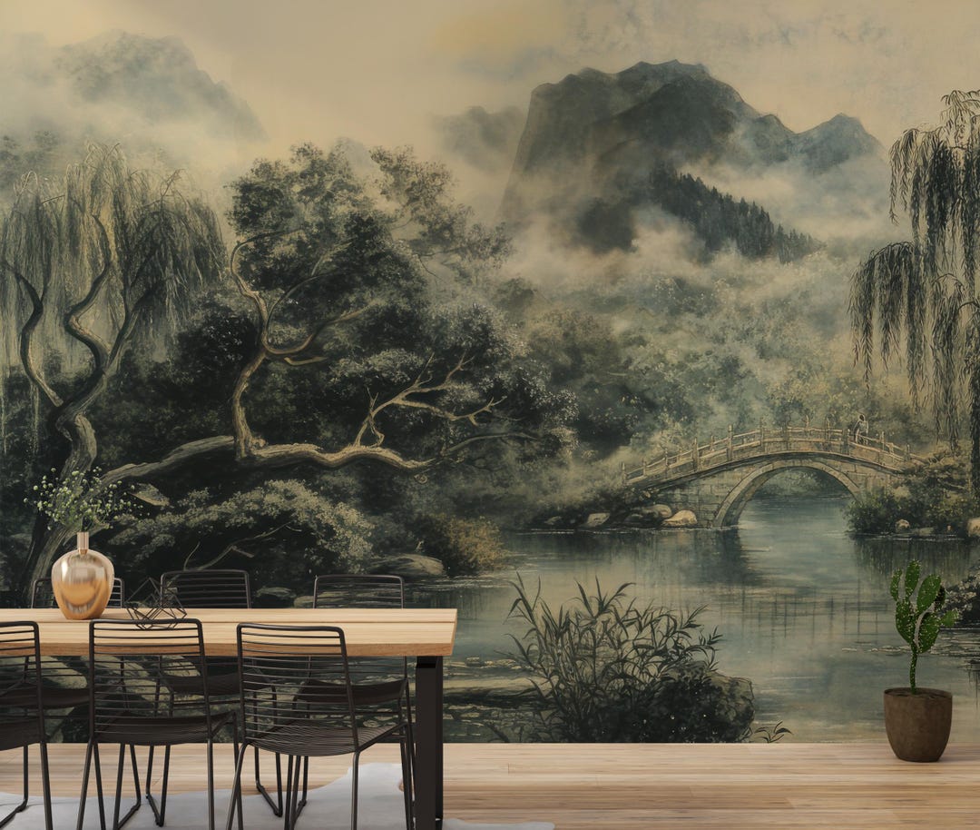 Chinese Landscape Mural Wallpaper, Misty Mountain Willow Tree Wall Art ...