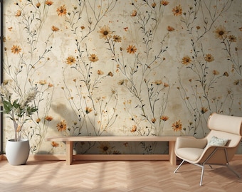 Wildflower Wallpaper Peel and Stick Beige Rustic Floral Wall Mural