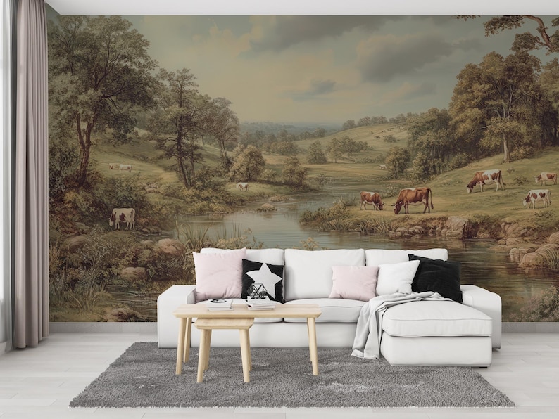 Rustic Pastoral Farm Wall Mural, Vintage Countryside Landscape With ...
