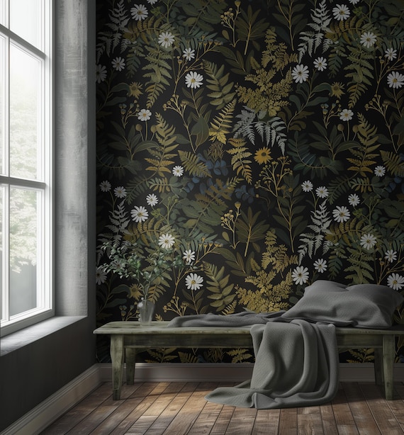 Botanical Fern and Daisy Wallpaper Roll, Black Peel and Stick Floral Wallpaper, Rustic Cottagecore Wall Decor, Removable Home Decoration