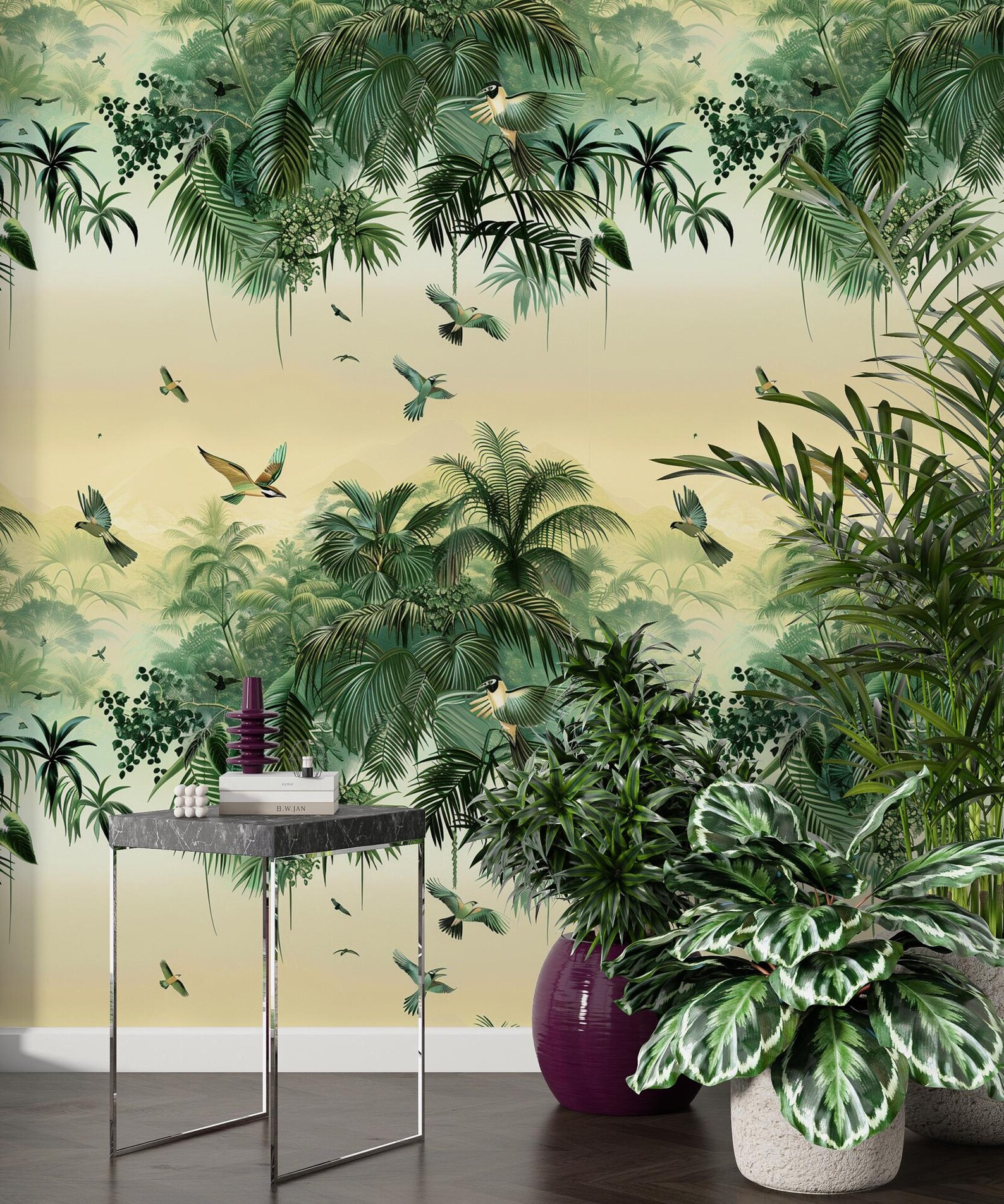 Tropical Bird Wallpaper Mural – Green Palm Leaf Wall Art - Etsy