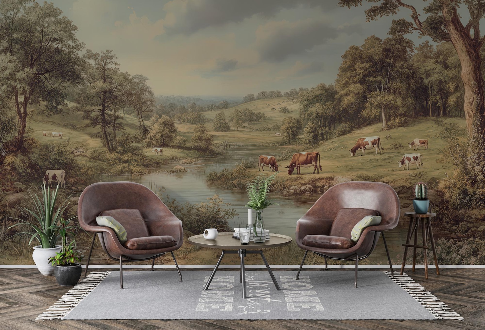 Rustic Pastoral Farm Wall Mural, Vintage Countryside Landscape With ...