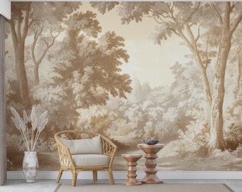 Vintage Forest Wallpaper Mural, Peel And Stick Wall Decor, Self-Adhesive Nature Wall , Neutral Woodland Mural, Large Botanical Wall Covering