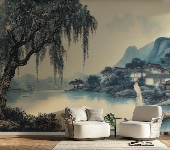 伝統的な風景の壁画壁紙、静かな湖と柳の木の壁アート、クラシックな