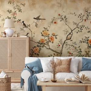 Chinoiserie Bird Floral Wallpaper, Chinoiserie Wallpaper for Home, Chinoiserie Wall Mural, Chinoiserie Wallpaper for Living Room, Wall Decor