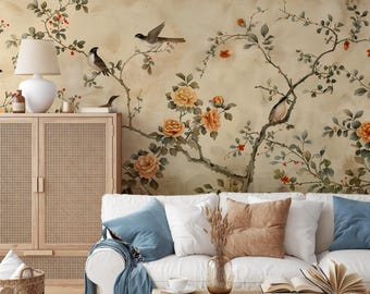 Chinoiserie Blommig Fågeltapet, Anpassad Fototapet