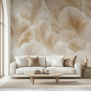 Beige ginkgobladstapet, texturerad väggmålning, självhäftande