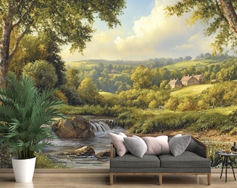Peaceful English Countryside Wallpaper Mural – Rustic River Landscape Wall Art with Cottage View, Vintage Pastoral Scene Wall Decor