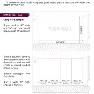 May include: Diagram illustrating wallpaper installation instructions. The image shows how to measure a wall (155" wide, 96" high) to determine the number of wallpaper rolls needed. Each roll is 40" wide. The text includes instructions and a call to action.