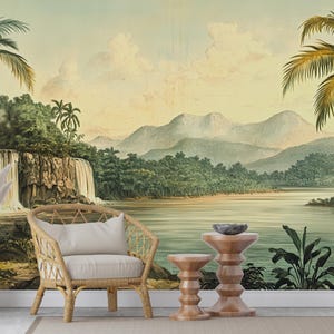 Vintage tropischer Fluss Wandbild, antike Tapete Wasserfall Landschaft, historische Amazon Jungle Peel & Stick Dekor für Boho Eclectic Zuhause