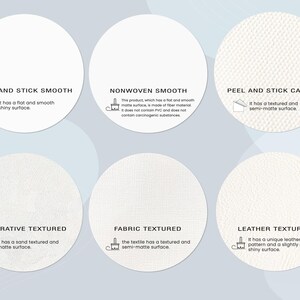 May include: A graphic showing six white circular samples with different textures. The samples are labeled: Peel and Stick Smooth, Nonwoven Smooth, Peel and Stick Canvas, Decorative Textured, Fabric Textured, and Leather Textured. Each sample has a brief description.