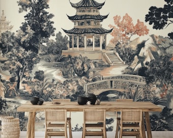 Chinoiserie-landschapsbehang, oosterse pagodemuurschildering, verwijderbaar behang