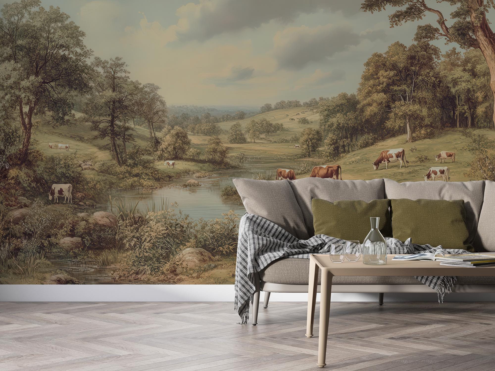 Rustic Pastoral Farm Wall Mural, Vintage Countryside Landscape with Grazing Cows, European Field Scene Peel and Stick Wallpaper for Home