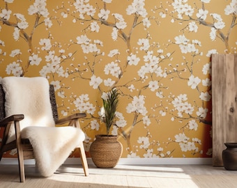 Tapeta w kwiaty w stylu Chinoiserie, białe kwiaty, musztardowo-żółty, odklejana i przyklejana
