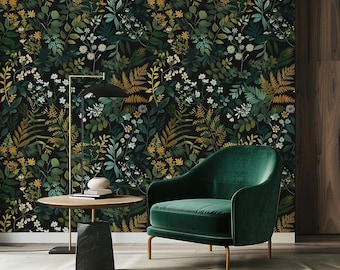 Vintage Dark Floral Wallpaper, Peel and Stick Wallpaper, Wall Art Room Decor, Botanical Wall Mural, Luxurious Flowers, Removable Wallpaper