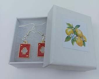 Ace of Clubs Poker Earrings, Red & Gold Card Player Jewelry