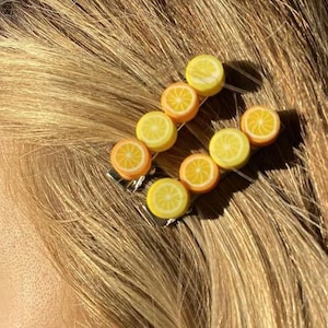 Lemon hairclips with Amalfi lemons and oranges. Perfect lemon wedding favour or gift for her.