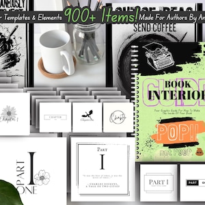 Op de afbeelding: Een groen en zwart boek met de titel "Book Interior Guide" en de tekst "Your Graphic Guide For How To Make The Inside Of Your Book Pop!" De boekomslag heeft ook een typemachine en een poep-emoji.