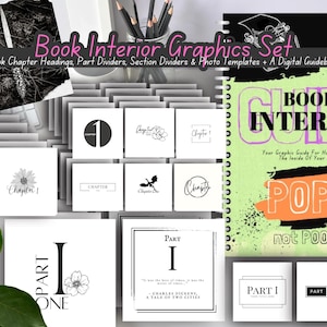 Könnte beinhalten: Ein Satz schwarz-weißer Grafiken für das Innere von Büchern. Die Grafiken umfassen Kapitelüberschriften, Teile-Trennzeichen, Abschnitts-Trennzeichen und Fotovorlagen. Das Set enthält auch ein digitales Handbuch. Die Grafiken sollen Autoren helfen, das Innere ihrer Bücher optisch ansprechender zu gestalten.