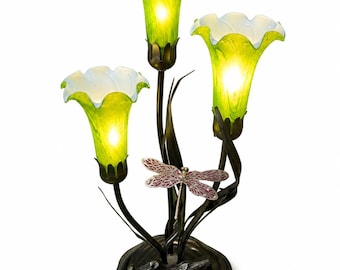Art Nouveau Dragonfly Lily Lamp | 3 Light Floral Table Lamp | Green Art Glass Shades | Botanical Cottagecore Decor | Tiffany Style Lighting