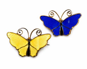 Vintage David Andersen Norway Sterling Guilloche Enamel Butterfly Brooch Set Blue Yellow Scandinavian Jewelry