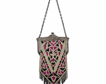 Antique Mandalian Mesh Purse 1920s Art Deco Mandolin Flapper Bag Enamel Fringe Handbag Vintage Evening Bag
