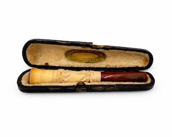 Victorian Meerschaum Cigarette Holder with Amber Mouthpiece, Original Leather Case, c. 1890s