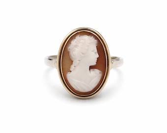 Vintage Hand-Carved Shell Cameo Ring, Sterling Silver Lady Portrait Jewelry