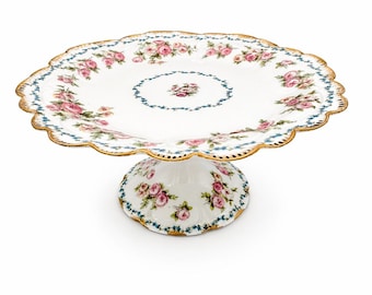 Antique Limoges Cake Stand, Pink Rose Pedestal Plate, GDA France Gold Gilt