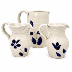Williamsburg Pottery Stoneware Pitcher Set: Vintage Cobalt Blue Floral Farmhouse Decor