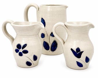 Williamsburg Pottery Stoneware Pitcher Set: Vintage Cobalt Blue Floral Farmhouse Decor