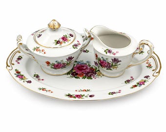 Vintage Aladdin Dresdenia Floral China Set, Sugar Creamer Platter, Japan Porcelain Tea Set