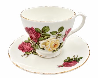 Duchess Bone China Teacup & Saucer, Pink Yellow Roses, Gold Trim, Made in England