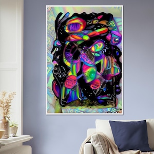 May include: A rectangular wall art print featuring a vibrant, abstract composition with swirling shapes in neon pink, electric blue, lime green, and bright yellow set against a deep black background, framed by a soft, iridescent pastel border.