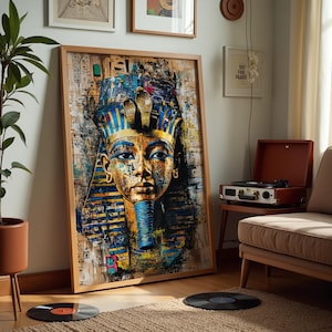 Pharaoh Wall Art – Framed King Tut Canvas Print – Ancient Egyptian Graffiti Style Artwork for Home & Office Decor