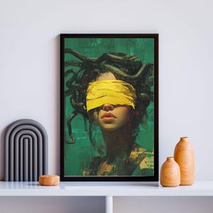 Blindfolded Medusa Art Print - Surreal Mythological Wall Decor, Bold Modern Portrait, Unique Fantasy Artwork