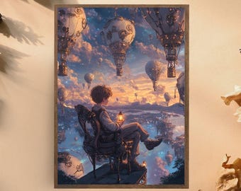Dromerige Fantasy Art Print met heteluchtballonnen, betoverende stadsgezicht muurkunst, grillig steampunk decor voor fantasierijke ruimtes
