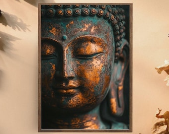 Buddha Face Art Print, Zen Meditation Wall Decor, Peaceful Buddha Statue Poster, Rustic Copper and Teal Buddhist Art, Spiritual Home Decor