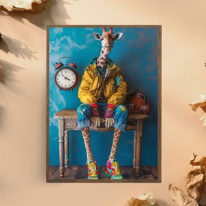 Impresión artística de jirafa peculiar, arte de pared de jirafa hipster, decoración de personajes animales, ilustración divertida de jirafa, arte animal caprichoso, oficina o niños