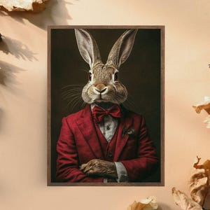 Dapper Rabbit in Suit Art Print, Quirky Animal Wall Decor, Stylish Bunny Portrait Poster, Humorous Animal in Red Suit,  Anthropomorphic Art