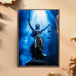 Lady Justice Art Print, Powerful Legal Wall Decor, Blue Scales of Justice Poster, Blind Justice Statue,Law Office Art for Lawyers and Judges