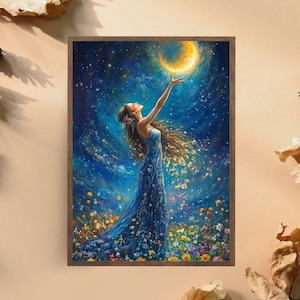 Mondlicht Träumer Kunstdruck, Nachthimmel Kunstwerk, Frau erreicht Sterne, florales Fantasy Wanddekor, mystisches Haus Poster