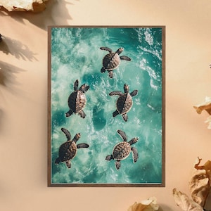 Impresión artística de tortugas marinas nadando, decoración de pared sobre la vida en el océano, póster de vida marina, viaje pacífico de tortugas, decoración de casa de playa costera