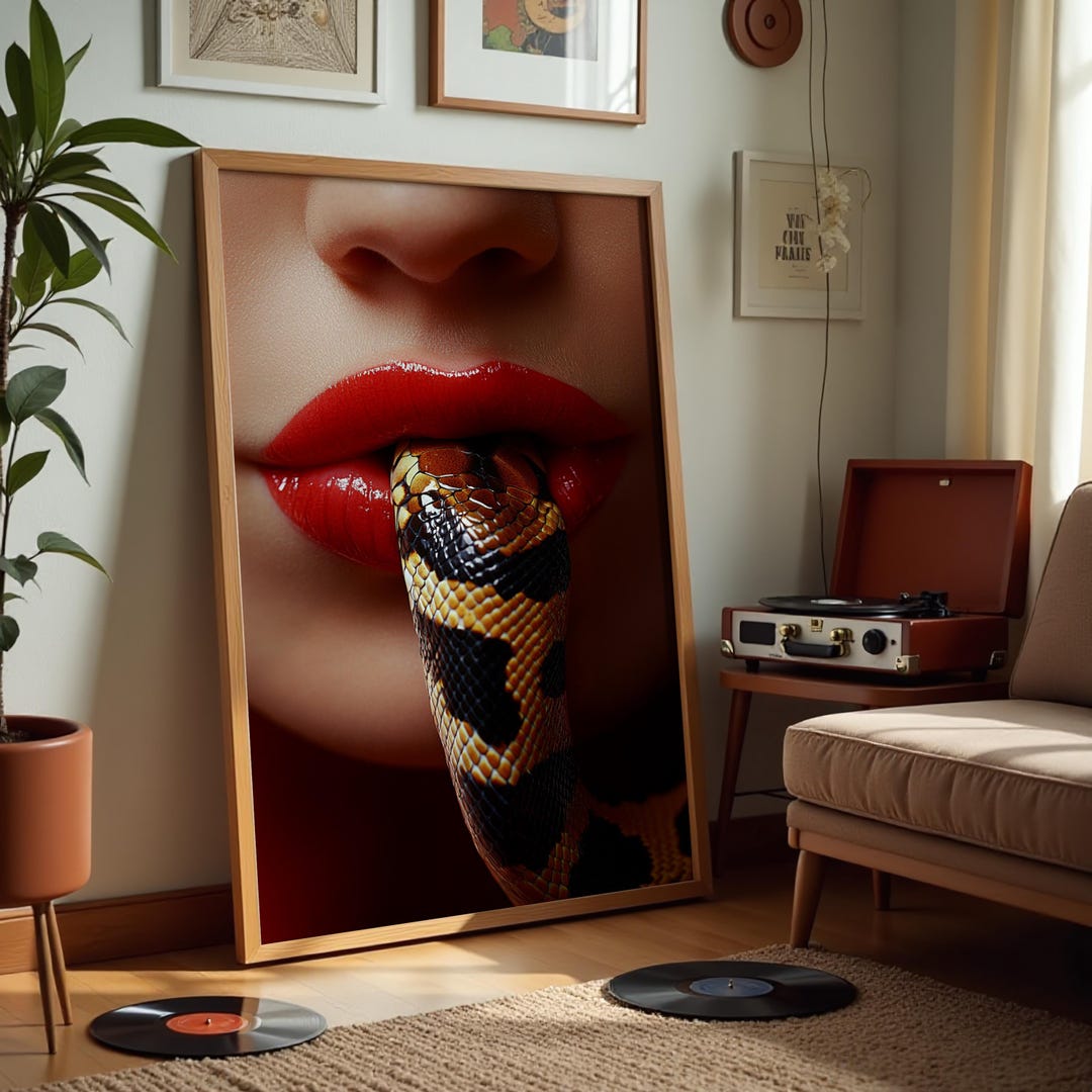Bold Edgy Snake Art Print – Framed Surreal Lips & Serpent Canvas – Dark ...