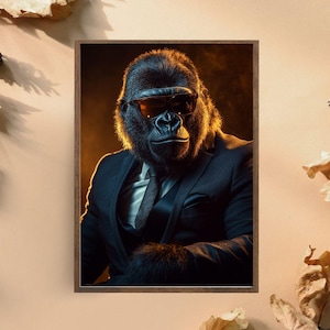 Gorilla in Suit Art Print, Cool Gorilla Wall Decor, Animal in Suit Poster, Funny Gorilla with Sunglasses, Stylish Animal Wall Art for Office
