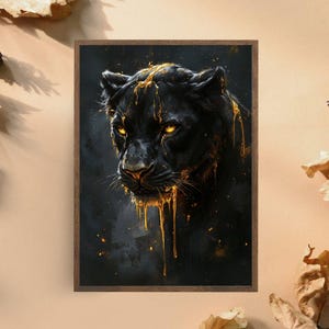 Black Panther Art Print, Golden Drip Panther Wall Decor, Bold Jungle Cat Art, Fierce Black Panther Canvas, Powerful Animal Art
