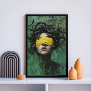 Modern Medusa Wall Art - Abstract Green Canvas Print, Bold Artistic Portrait with Snake Hair, Mythological Home Decor
