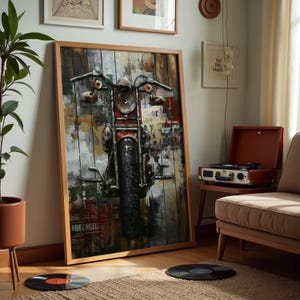 Vintage Motorrad Wandkunst, Industrieller Stil Leinwanddruck, Rustikales Garagen Dekor, 3D Strukturiertes Motorrad Kunstwerk für Herren