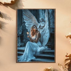 Angelic Guardian Art Print, Ethereal Woman with Angel Wings, Mystical Fantasy Wall Art for Spiritual and Dreamy Decor
