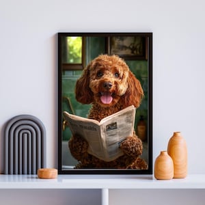 Adorable Poodle Reading Newspaper Art Print, Funny Dog Lover Wall Decor, Cozy Bathroom Artwork